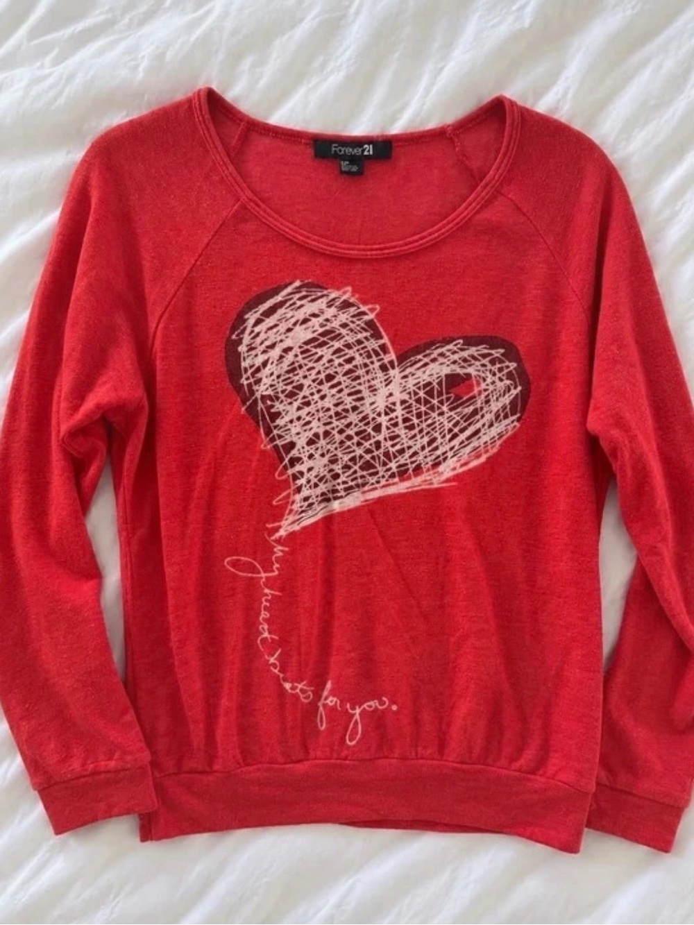 Forever 21 Red Scoop Neck Sweater with White Scribble Heart